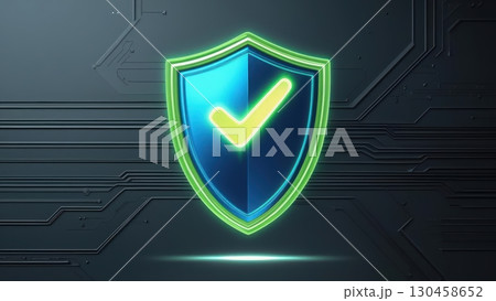 A glowing shield with a checkmark emblem symbolizes digital security and protection against cyber threats on a dark circuit board background with glowing lines. A glowing shield with a checkmark emblem symbolizes digital security and protection against cyber threats on a dark circuit board background with glowing lines. 130458652
