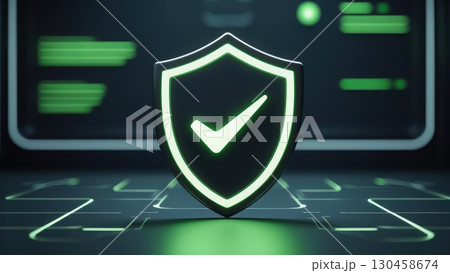 Glowing shield with checkmark indicates protection, cybersecurity, and data safety against digital threats in a futuristic, technological environment. 130458674