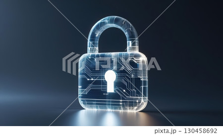 Holographic digital padlock hovers against a dark background, illustrating cybersecurity and data protection in a futuristic, ethereal representation. 130458692