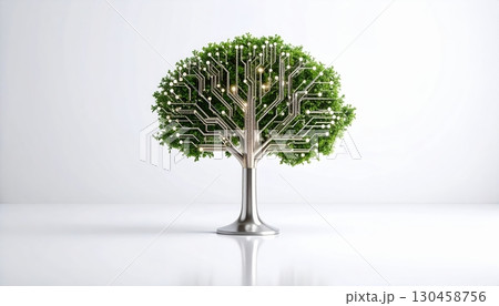 Futuristic tree sculpture with electronic circuit branches symbolizing technology innovation and green energy integration in modern environmental design 130458756