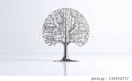 Futuristic tree sculpture with intricate circuit pattern design representing technology innovation and digital growth on a minimalist white background 130458757