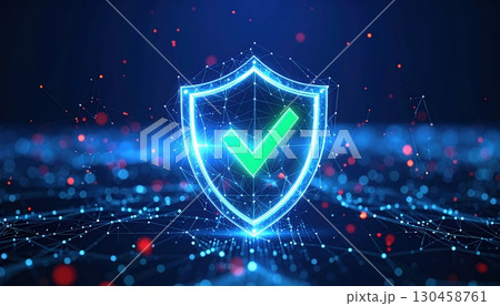 Digital Security Shield with Checkmark Icon Representing Data Protection Cybersecurity and Safe Online Transaction Concepts in Bright Blue Neon Style 130458761
