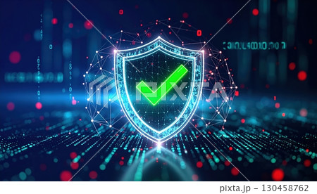 Digital cyber security shield with green check mark hologram representing protection, safety, and cybersecurity in a high-tech futuristic environment 130458762