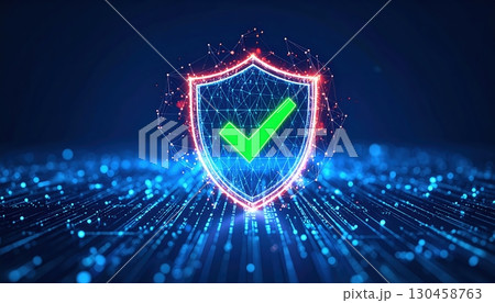 Digital security shield with glowing check mark symbol representing cybersecurity protection and online safety in a futuristic technology environment 130458763
