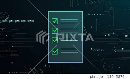 Digital checklist or task list on a futuristic screen with glowing checkmarks and lines, representing technology, productivity, organization, digital interface, and modern concept 130458764