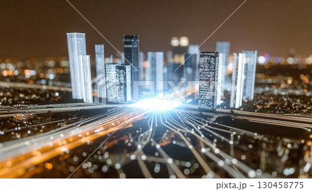 Futuristic cityscape at night with illuminated skyscrapers and digital connectivity lines representing smart technology and urban innovation in a modern metropolis 130458775