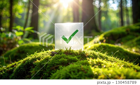Fresh green checkmark symbol on a translucent square block with a green check mark, set in a lush vibrant forest landscape with sunlight filte through trees Fresh green checkmark symbol on a translucent square block with a green check mark, set in a lush vibrant forest landscape with sunlight filte through trees 130458789