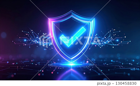 Futuristic digital shield with a checkmark symbol representing cybersecurity protection and online safety in a high-tech glowing cyber environment 130458830