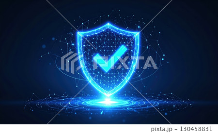 Advanced digital security shield with check mark icon representing protection safe secure data encryption cyber protection technology concept 130458831
