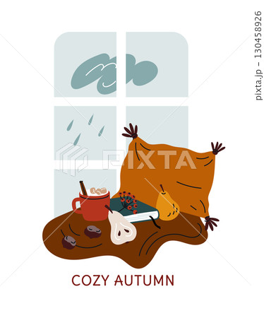 Cozy autumn card. Relax at windowsill. Rainy weather. Fall season rest. Admire rainfall outside window. Coffee cup with cinnamon. Pears and hazelnut. Read book. Vector autumnal poster 130458926