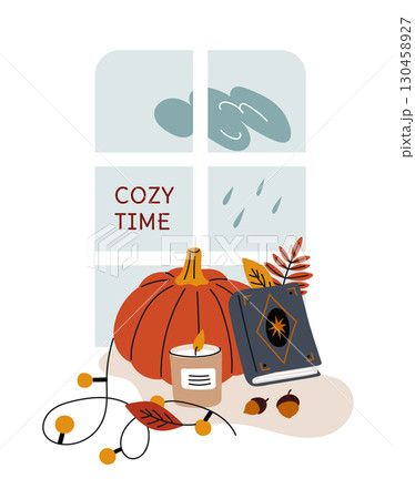 Cozy autumn card. Relax at windowsill. Rainy weather. Fall season rest. Orange tree leaves and pumpkin. Admire rainfall outside window. Garland lamps or candle. Vector autumnal poster 130458927
