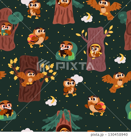 Fun cartoon owl character. Forest wild animals seamless pattern. Owlet walking or reading book. Repeated print. Bird sitting in tree hole. Birdie thinking in oak nest. Vector background 130458940