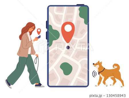 Girl using GPS tracker is looking for her dog lost in city or park. Big phone screen. Navigation mobile app. Puppy finding. Doggy collar with orienteering pin. Online map. Vector concept Girl using GPS tracker is looking for her dog lost in city or park. Big phone screen. Navigation mobile app. Puppy finding. Doggy collar with orienteering pin. Online map. Vector concept 130458943