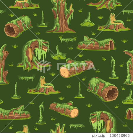 Old fallen trees in swamp overgrown with moss and lichen. Natural mossy branches seamless pattern. Jungle landscape. Repeated print. Wood log with oakmoss. Morass plant. Vector background Old fallen trees in swamp overgrown with moss and lichen. Natural mossy branches seamless pattern. Jungle landscape. Repeated print. Wood log with oakmoss. Morass plant. Vector background 130458966