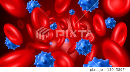Realistic human blood bodies along with germs. Viruses or microorganisms move through circulatory system. Erythrocyte red molecules. Microscopic particles stream. Vector background Realistic human blood bodies along with germs. Viruses or microorganisms move through circulatory system. Erythrocyte red molecules. Microscopic particles stream. Vector background 130458974