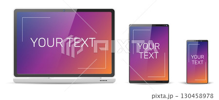 Realistic laptop, tablet and cell phone mockups for ad or UI design. Electronic equipment technology. Smartphone touch screen front view. Media gadgets connection. Vector 3D devices set Realistic laptop, tablet and cell phone mockups for ad or UI design. Electronic equipment technology. Smartphone touch screen front view. Media gadgets connection. Vector 3D devices set 130458978