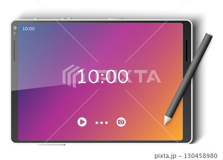 Realistic mockup of black pen tablet for drawing or working. Display interface. Mobile application. 3D PC screen. Modern computer technology. Vector device isolated on white background Realistic mockup of black pen tablet for drawing or working. Display interface. Mobile application. 3D PC screen. Modern computer technology. Vector device isolated on white background 130458980