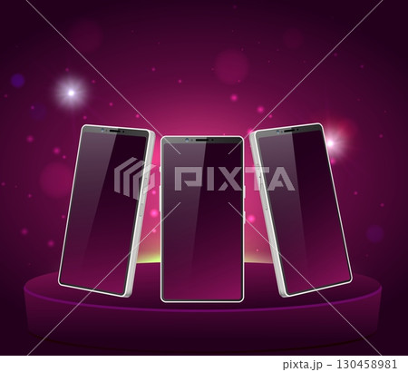 Realistic mockup of cell phone in different angles on pedestal. Bokeh light. Smartphone advertising. Blank screen. Mobile gadget show at podium. Vector 3D device presentation background 130458981