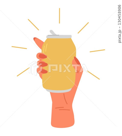 Womans hand holding metal can with drink. Girl drinking alcohol beer or carbonated beverage. Female in bar. Raised arm with soda tin. Celebrating cheers. Boozer gesture. Vector concept 130458986