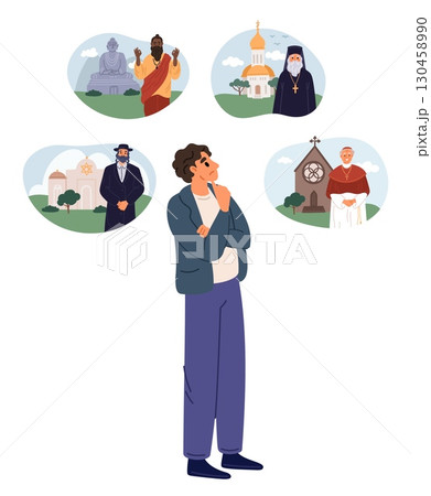 Young boy chooses religion. Pensive man ponders world religious worships. Guy thinking about Christianity and Judaism, Buddhism or Catholicism. Choice dilemma. Prayer doubts. Vector concept 130458990