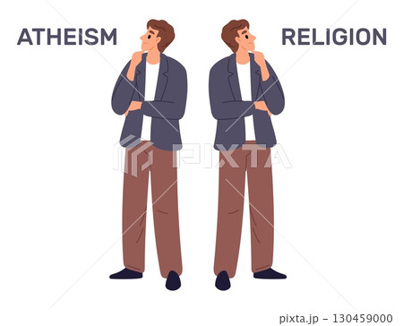 Young man stands pensively looking at words atheism and religion. God faith. Thoughtful guy making choice about belief. Decide dilemma. Alternative spiritual choose. Vector concept 130459000