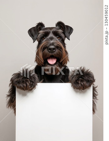 Cute Miniature Schnauzer dog holding a blank white sign. Adorable happy pet with an empty poster for your text or advertisement. Studio shot. 130459012