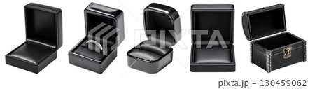 Set of opened empty ring and jewelry box for gift and present theme, isolated on transparent background. Black color. 130459062