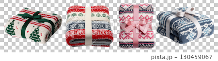 Set of knitted scarf and blanket with ribbon for gift and present theme, isolated on transparent background. Christmas seasonal pattern. 130459067