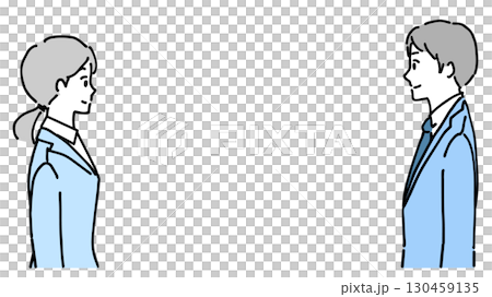 Illustration of a young man and woman in suits facing each other 130459135