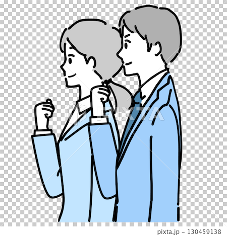 笑顔でガッツポーズをする若い男女のビジネスパーソンの線画イラスト 130459138