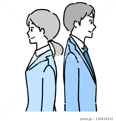 背中合わせで立つスーツ姿の若い男女の上半身のイラスト 背中合わせで立つスーツ姿の若い男女の上半身のイラスト 130459142