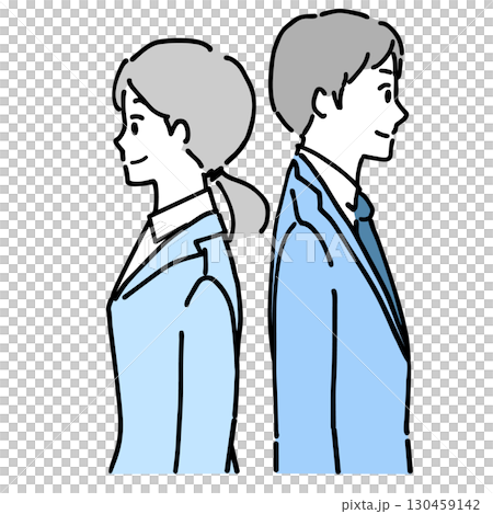 背中合わせで立つスーツ姿の若い男女の上半身のイラスト 背中合わせで立つスーツ姿の若い男女の上半身のイラスト 130459142