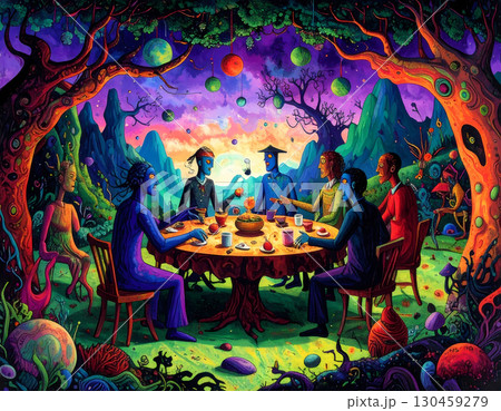 Surreal fantasy illustration of psychedelic alien gathering. Extraterrestrial beings have an engaged meeting on vibrant planet landscape, surrounded by magical forest 130459279