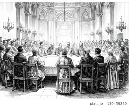 Serious historical illustration depicting formal council meeting. large group of men sit at long table inside grand hall with gothic architecture, engaged in an important deliberation 130459280