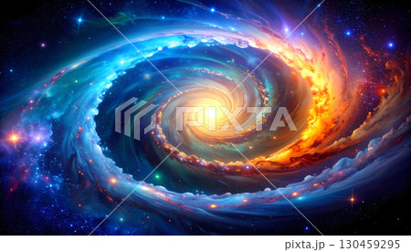 Majestic colorful spiral galaxy glowing in deep space. Blue and orange cosmic nebula and star formations swirl around bright core, an awe inspiring and abstract universe Majestic colorful spiral galaxy glowing in deep space. Blue and orange cosmic nebula and star formations swirl around bright core, an awe inspiring and abstract universe 130459295