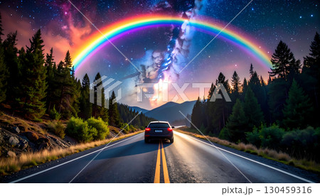 Magical car journey on road at night under fantasy sky. vibrant rainbow arches over forest landscape filled with stars, creating sense of wonder and adventure 130459316