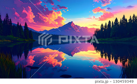 Peaceful anime landscape with colorful sunset sky over mountain and forest. majestic scene shows beautiful reflection in calm lake 130459349