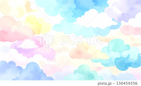 Dreamy fantasy colorful watercolor background of pastel cloud in sky. This whimsical and peaceful illustration perfect for art and design Dreamy fantasy colorful watercolor background of pastel cloud in sky. This whimsical and peaceful illustration perfect for art and design 130459356