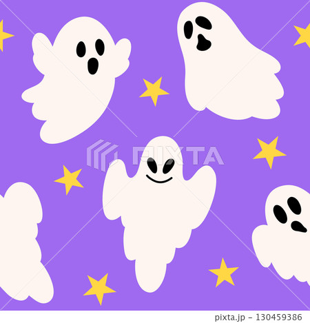 A seamless pattern with cute white ghosts and yellow stars on a vibrant purple background. A seamless pattern with cute white ghosts and yellow stars on a vibrant purple background. 130459386