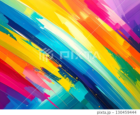 Vibrant, colorful, abstract background design with dynamic paint texture. This joyful, energetic modern art illustration shows creative spectrum of diagonal brush strokes 130459444