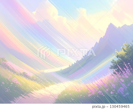 Beautiful fantasy landscape background with ethereal rainbow light shining over peaceful mountain valley. This serene, dreamy painting features vibrant flowers and calm mood 130459465