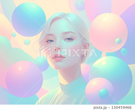 Serene portrait of beautiful fantasy woman with pastel color tones, surrounded by abstract bubble. dreamlike face evoking calm and gentle beauty in futuristic background 130459466