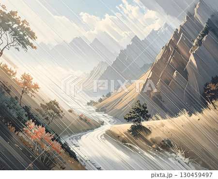 Scenic mountain valley landscape with river flowing through during tranquil autumn day. Sunlight creates beautiful illustration of nature peaceful scenery 130459497