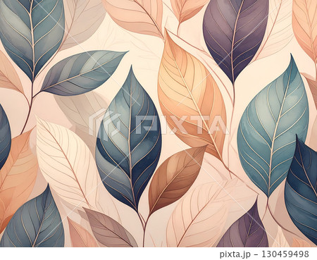 Elegant, seamless pattern of blue and orange leaf art creating calm and delicate background. This beautiful botanical illustration natural floral design for wallpaper or textile 130459498