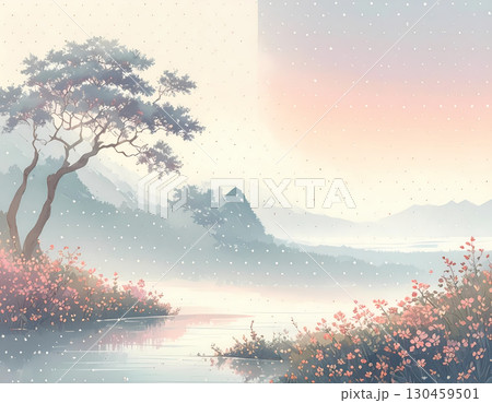 Serene watercolor landscape painting of tranquil river flowing through misty mountain valley at dawn. pink flowering tree sits by water with soft, dreamy pastel sky 130459501