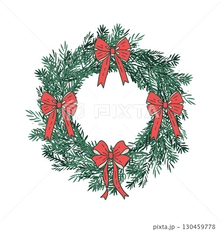 Coquette Christmas wreath with red bows. Handdrawn vintage sketch element with whimsical vibe. Vector illustration for design, print, fabric or background. Coquette Christmas wreath with red bows. Handdrawn vintage sketch element with whimsical vibe. Vector illustration for design, print, fabric or background. 130459778
