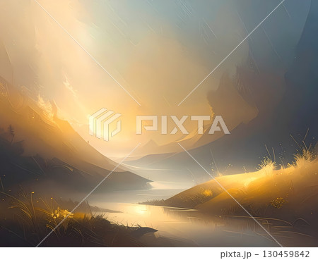 Dramatic fantasy landscape painting of serene river valley. Golden sun light breaks through clouds over mountain at sunrise, creating beautiful and peaceful view 130459842