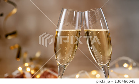 Two champagne glasses clinking together with golden sparkling wine and festive lights in background. Celebration and holiday mood. 130460049