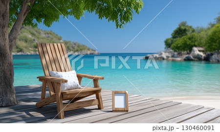 Adirondack chair on a wooden deck overlooking a serene tropical beach with turquoise water and blue sky 130460091