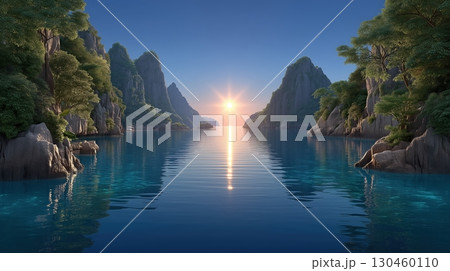 Tropical bay sunrise with majestic limestone karsts and golden sun reflection on calm turquoise water 130460110
